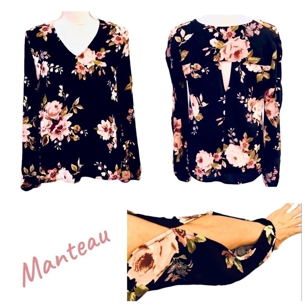 MONTEAU Gorgeous Black Floral Top Long-sleeves Size M EUC
